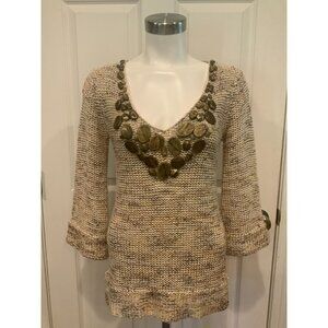 BCBG Max Azria Tan Loose Knit V-Neck Sweater W/ Beaded Neckline, Size Small